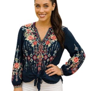 Johnny Was Donya heavily embroidered tie front blouse incredibly rare